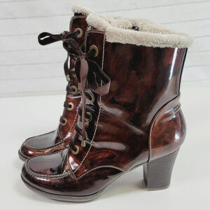 SPORTO CANDICE SHERPA LINED HEELED FAUX LEATHER BROWN BOOTS, SZ 7